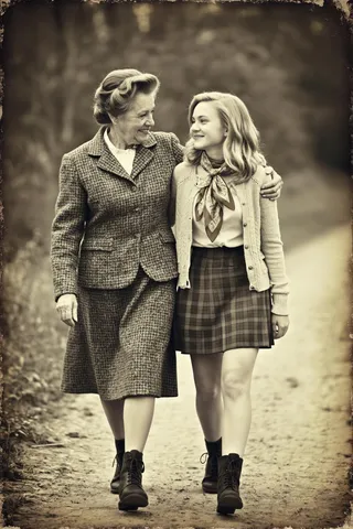 Sepia-toned vintage photograph of an older woman in a houndstooth outfit walking with a young woman in a checkered skirt and cardigan, both wearing hiking boots, walking arm in arm on a dirt path.