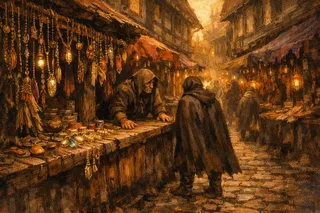 Painterly illustration of a crowded medieval market alley between leaning timber-and-plaster buildings, with a hooded merchant at a wooden stall displaying brass amulets and trinkets, bathed in warm amber light.