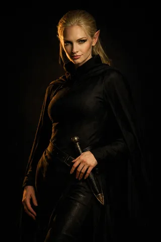 A slender fae female with pale blonde hair and luminous green eyes stands in a contrapposto pose, wearing a black tunic and cloak, holding a dagger, illuminated by warm amber light against a black background.