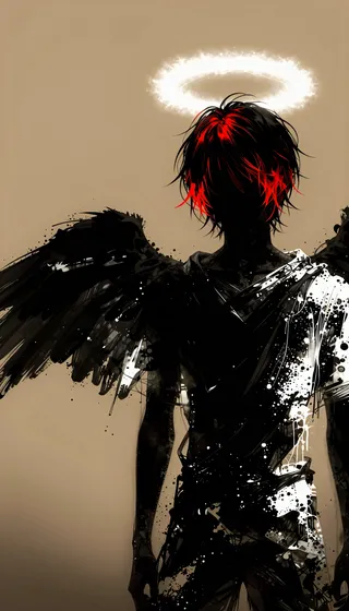 A black silhouette figure with red hair accents and angel wings, illuminated by a glowing white halo against a beige background with ink splatter texture and dramatic lighting.