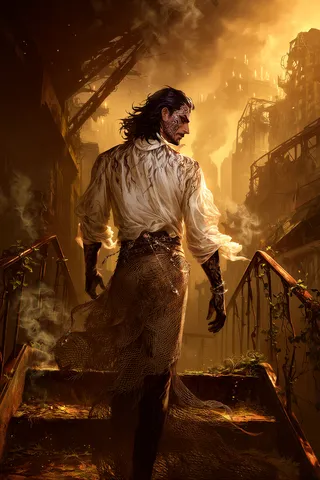 A man with intricate ink tattoos, flowing white shirt, and tattered pants stands on a rusted staircase amidst a smoky, golden-lit, post-apocalyptic cityscape.