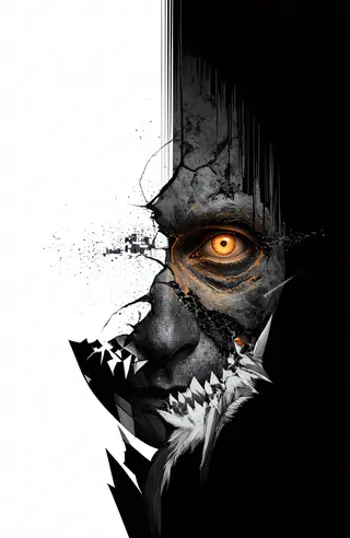 A fractured humanoid silhouette rendered in deep charcoal and white high-contrast tones with one glowing amber eye and cracked, textured film-like surfaces.