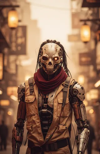 A cybernetic android wanderer with a weathered metallic skull faceplate and glowing orange eye, wearing a tan utility vest and crimson scarf in a warm amber-toned futuristic city street.