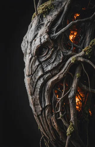 Close-up side profile of a primordial creature with rugged bark-like skin, tangled vines, moss, and glowing embers under moody lighting.