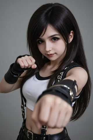 Cosplay of Tifa Lockhart showing a close-up in a fighting stance with fists forward, wearing a white crop top and black leather gloves.