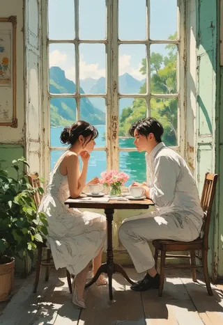 A French couple sits opposite each other at a wooden table by large French double windows, overlooking a turquoise lake and green mountains, bathed in soft afternoon light.