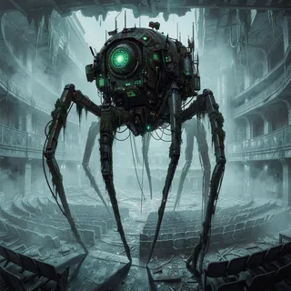 A large robotic spider with a glowing green core and rusty mechanical legs covered in moss stands in a foggy, abandoned theater auditorium filled with broken seats and debris.
