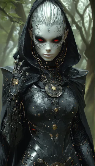 A humanoid cyborg with alabaster skin, glowing red eyes, intricate circuitry patterns on her face, wearing a black hooded cloak and ornate dark armor, set against a blurred forest background.