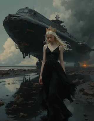 A young tween princess with flowing white hair and glowing blue eyes wears a sleek black dress and a gold crown while standing in front of a massive futuristic black spaceship under dark storm clouds.