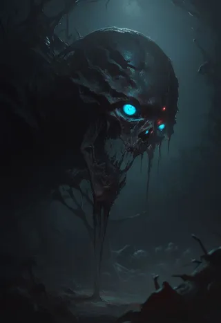 A tall black shadow entity with blue glowing eyes, surrounded by deep shadows in an abandoned basement with haunting tendrils.