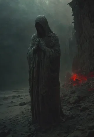 A dark, hooded statue or figure stands solemnly in a misty, rocky environment with faint red glowing embers, evoking a terrifying and tense mood.