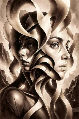 A surreal digital artwork featuring two female faces fused together with flowing abstract ribbons in sepia tones, showcasing contrasting expressions and intricate textures.