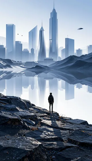 A lone wanderer stands on a textured basalt rocky ridge, overlooking a distant cityscape with sleek geometric towers reflected on calm water under a cool, monochromatic palette.