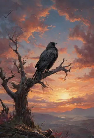 Oil painting of a black raven perched on a gnarled tree branch against a vibrant sunset sky with dramatic clouds and distant mountains.
