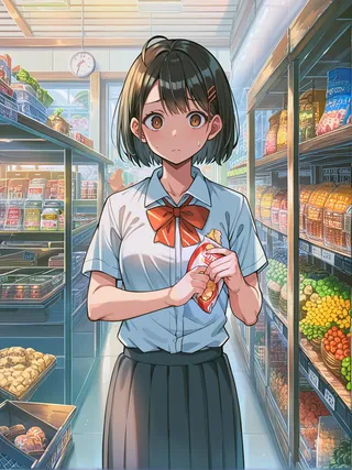 Anime girl with short black hair and brown eyes wearing a school uniform with an orange bow standing in a store, holding a snack with a confused and sweatdrop expression in front of grocery shelves.