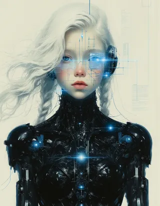 A digital painting of an albino teen cyborg girl with white flowing hair, blue eyes, wearing a black mechanical bodysuit, featuring a sci-fi digital mapping grid and glowing HUD elements on her face.