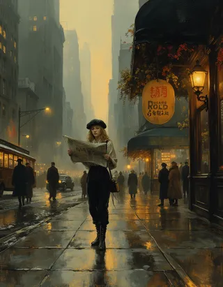 Young newspaper girl standing on a wet New York City sidewalk in the 1920s, reading a newspaper, surrounded by period-dressed pedestrians and vintage streetlights in an oil painting style reminiscent of Rembrandt.