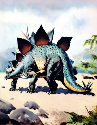 Oil painting of a prehistoric Stegosaurus with detailed, realistic skin texture in the style of 19th-century scientific illustrations.
