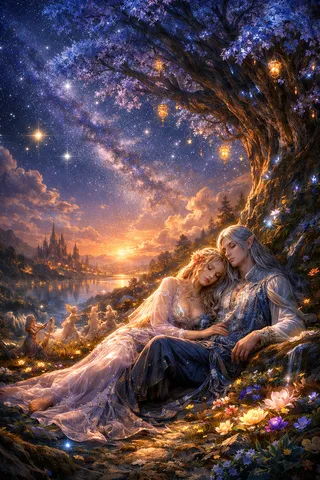 A beautifully detailed fantasy scene depicting two elves in delicate, ethereal outfits resting under a large tree adorned with lanterns, with a vibrant starry sky and a glowing sunset over a distant castle.