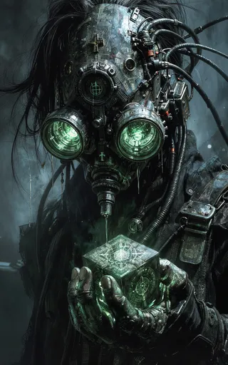 Close-up portrait of a grimdark sci-fi figure wearing a heavily detailed gas mask with glowing green circular lenses, covered in religious symbols and tangled wires, holding a glowing mechanical relic cube.