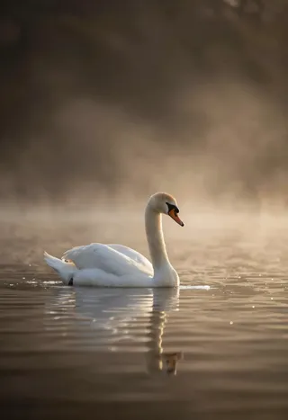 A solitary swan floats serenely on a misty lake bathed in soft golden light, with its reflection visible on calm water and a blurred dark background.