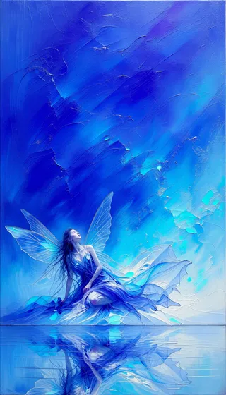 A woman-fairy hybrid with flowing blue dress and translucent wings sits at angled pose with mirrored reflection, set against swirling blue and cyan abstract brushwork.