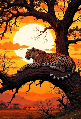 Photorealistic close-up of a jaguar lying on a tree branch in the African savannah during golden sunset hour with a large glowing sun in the background.