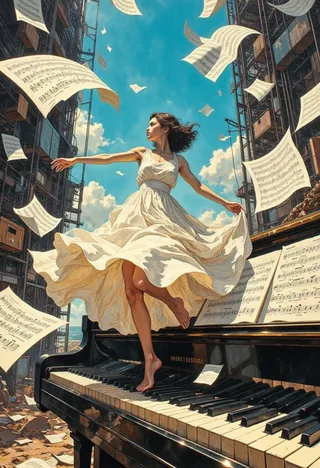 A surreal scene showing a woman in a flowing white dress dancing barefoot on an oversized piano keyboard, surrounded by swirling sheet music in an urban canyon under a bright blue sky.