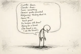 Minimalist pencil caricature of a forlorn stick figure on cream-toned sketchbook paper, with a hand-drawn speech bubble expressing despair about AI tool outages.