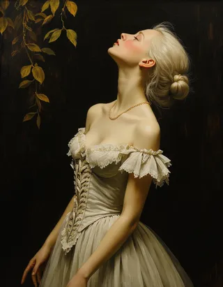 Portrait of a teen duchess with platinum blond hair in a tightly corseted, off-shoulder cream dress against a dark background, painted in the style of Rembrandt.