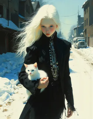 A white-skinned albino teen cyborg girl holding a white cat, walking down a snowy, deserted street in a post-apocalyptic setting, wearing a black futuristic dress with mechanical details and blue eyes.