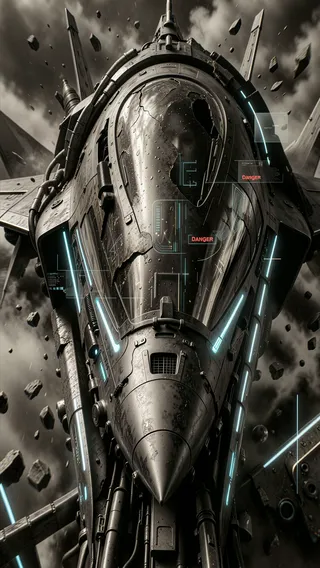A detailed futuristic spaceship showcasing a heavily damaged cockpit with visible cracks, surrounded by space debris and cyberpunk-style danger alerts.
