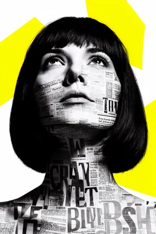 Close-up portrait of a woman with dark chin-length hair, looking upward, composed of newspaper text and bold typography with a grainy halftone texture, set against bright yellow geometric shapes.