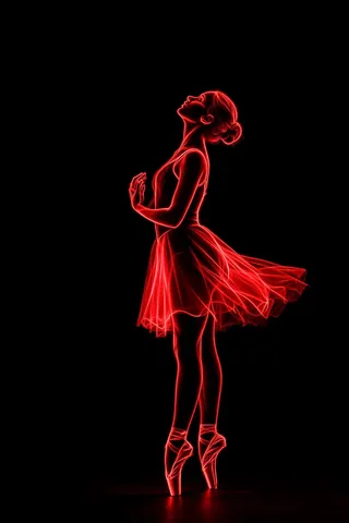 Side profile of a ballerina standing en pointe illustrated in red neon line art on a black background