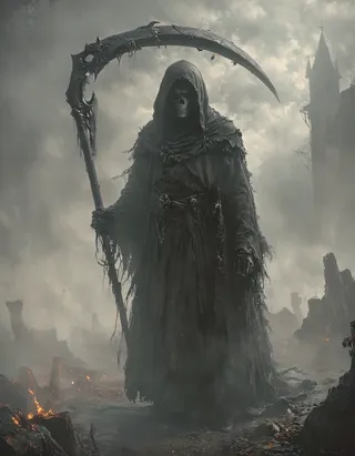 A dark fantasy depiction of the Grim Reaper cloaked in tattered robes, holding a large scythe, surrounded by mist and a gloomy landscape with ruins and smoke.
