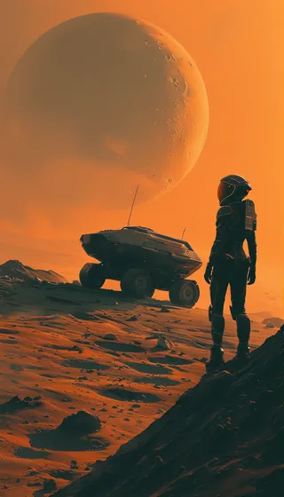 Space explorer woman in sleek sci-fi suit stands on rocky terrain of an alien planet, with a futuristic tracked vehicle nearby and a large broken moon glowing in an orange atmospheric haze.