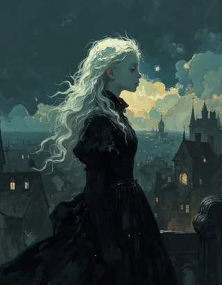 Oil painting of an albino Victorian girl with long white hair wearing a black corseted dress, standing over a night scene of Victorian London with intricate details and Rembrandt lighting.