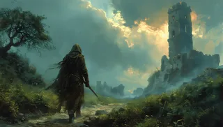 A cloaked solitary figure walking on a path through overgrown ruins under a dramatic stormy sky with an ancient stone tower illuminated from above in a dark fantasy painting style.