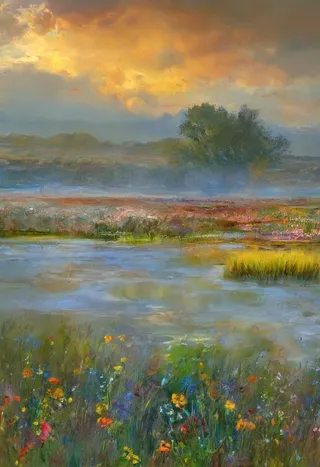 A landscape painting featuring a serene pond surrounded by colorful wildflowers and grasses, a distant tree line shrouded in mist, and a radiant sunset sky with golden clouds, rendered in an impasto style.