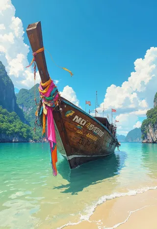 Close side view of a traditional wooden longtail boat with vibrant pink, orange, yellow, blue, green, and red fabric garlands wrapped around its dark brown prow, floating on pale green tropical water near a sandy shore, with limestone karst mountains and a bright blue sky with scattered clouds in the background.