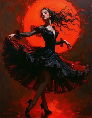 A young ballet dancer in a flowing black dress with long curly hair, posed gracefully in front of a vivid red glowing circle, painted in a dramatic Victorian gothic oil painting style.