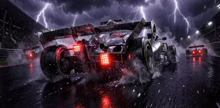 Rear view of Formula 1 race cars speeding on a wet track at night with lightning striking in the stormy sky.