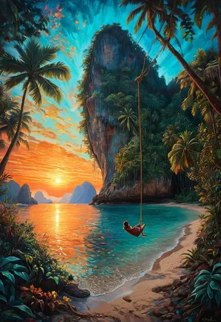 A serene sunrise beach scene on Koh Yao Noi island featuring a person on a hanging swing between two giant palms, with turquoise ocean water and lush rock formations.