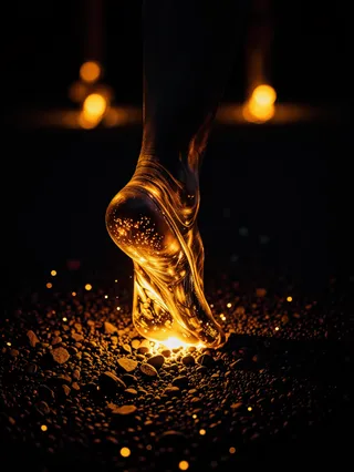 Close-up of a golden foot glowing with shimmering particles, stepping onto a dark granular surface illuminated with warm light and blurred amber orbs in the background.