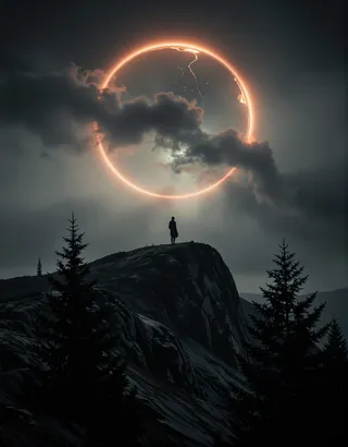 A lone silhouetted figure stands on a rocky ridge beneath a glowing celestial orb with a fractured corona, surrounded by swirling cosmic gas and dark clouds.