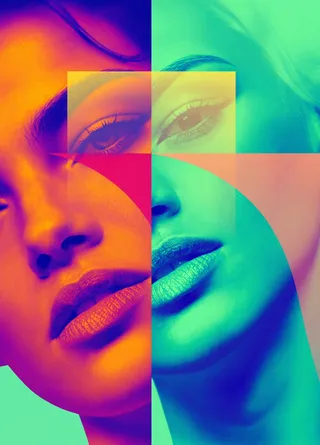 Close-up digital portrait of a woman's face divided into vibrant, geometric color blocks with bold contrasts in orange, pink, turquoise, and blue.