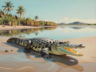 Wildlife painting of a solitary saltwater crocodile with armored scales lying on sandy mudflats near calm water, tropical reeds and pandanus palms under warm evening light, created in a coastal dot wave style.