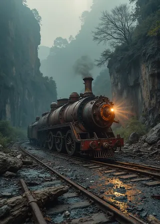 Rusty, weathered steam train with glowing headlight traveling through a foggy mountain canyon with dense mist and rugged terrain.