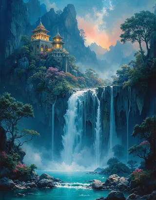A surreal oil painting of East Asian architecture perched on a cliff overlooking a majestic waterfall surrounded by lush jungle under a starry night sky.