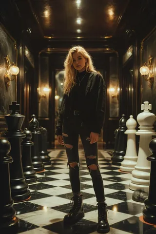 A young woman with long blonde wavy hair stands in a grand hallway lined with oversized black and white chess pieces on a marble checkered floor, dressed in black with ripped jeans, under dramatic warm lighting.